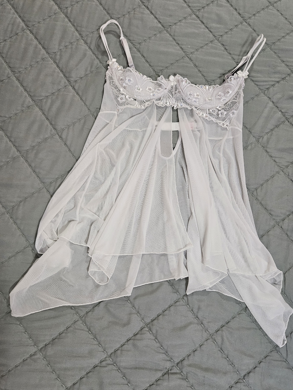 Shirley of Hollywood White Lace-Trim Sheer Chemise Sexy Embroidered Cups